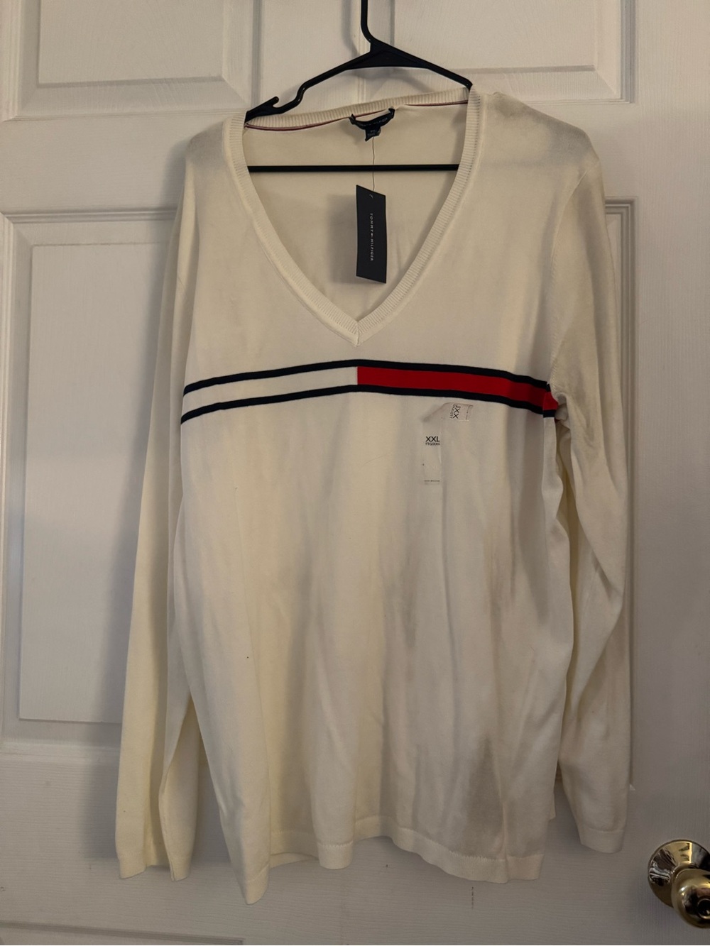 Tommy Hilfiger White V-Neck Long Sleeve Top with Red and Navy Stripe
